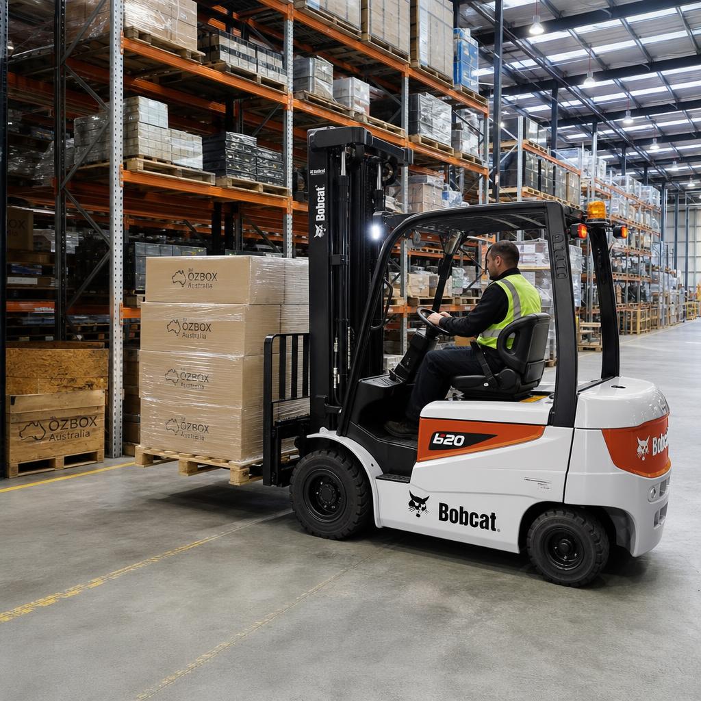 Bobcat forklift lifting a pallet in an Australian warehouse