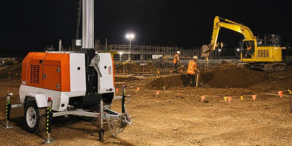 Bobcat mobile lighting tower illuminating a night worksite